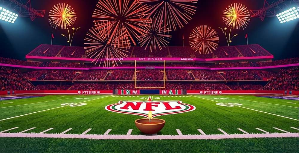NFL India Elite Diwali special event with fireworks and rangoli patterns in the end zones
